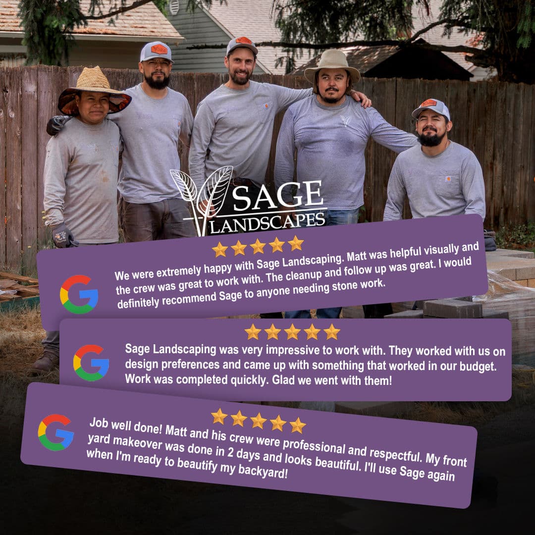 Sage Landscapes team posing, showcasing quality service and customer reviews for landscaping.