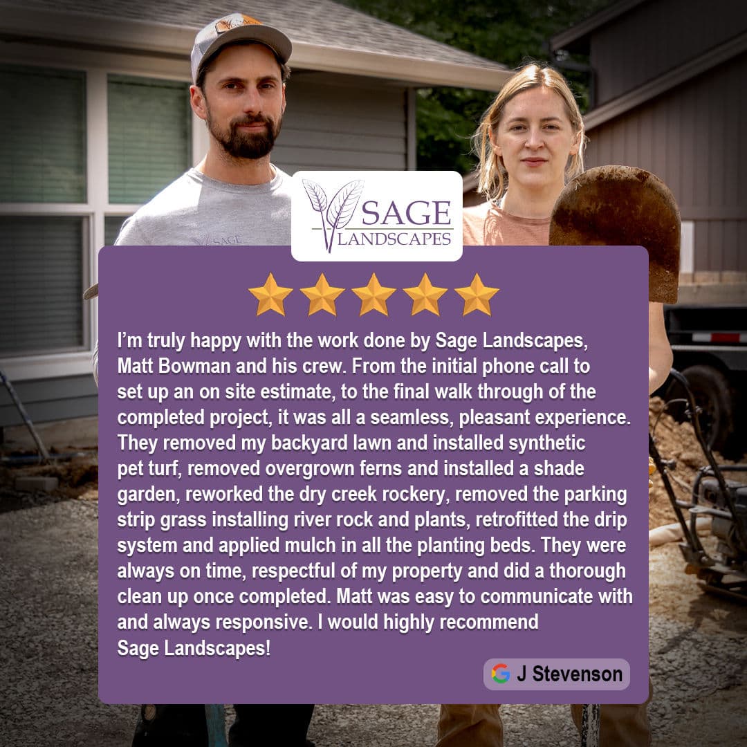 Sage Landscapes team with satisfied client, showcasing professional landscaping services.