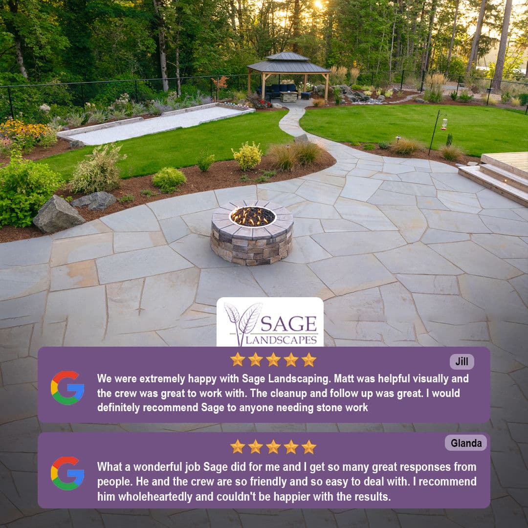 Sage Landscapes patio with fire pit, glowing reviews from satisfied customers.