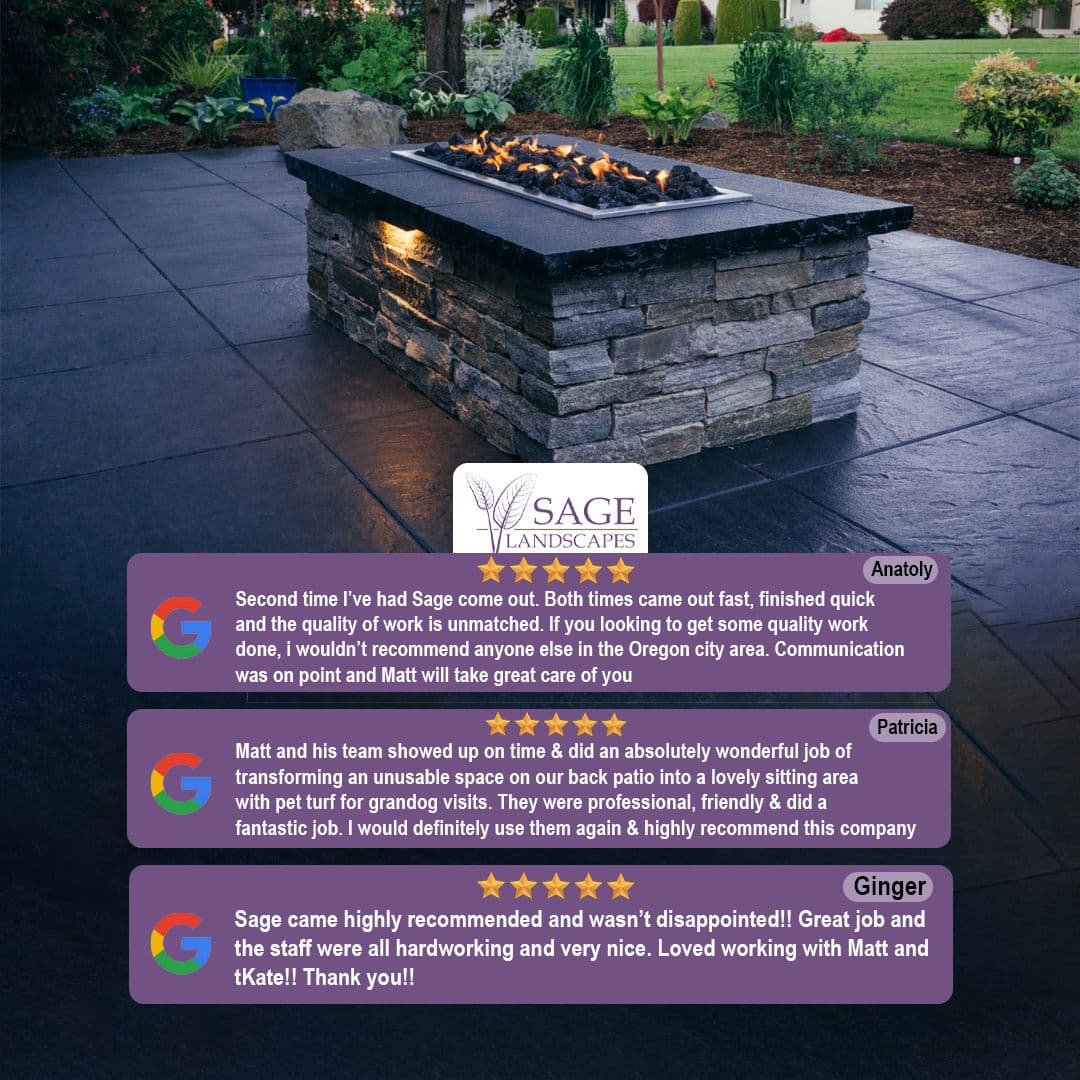 Sage Landscapes fire pit installation with positive customer reviews and testimonials.