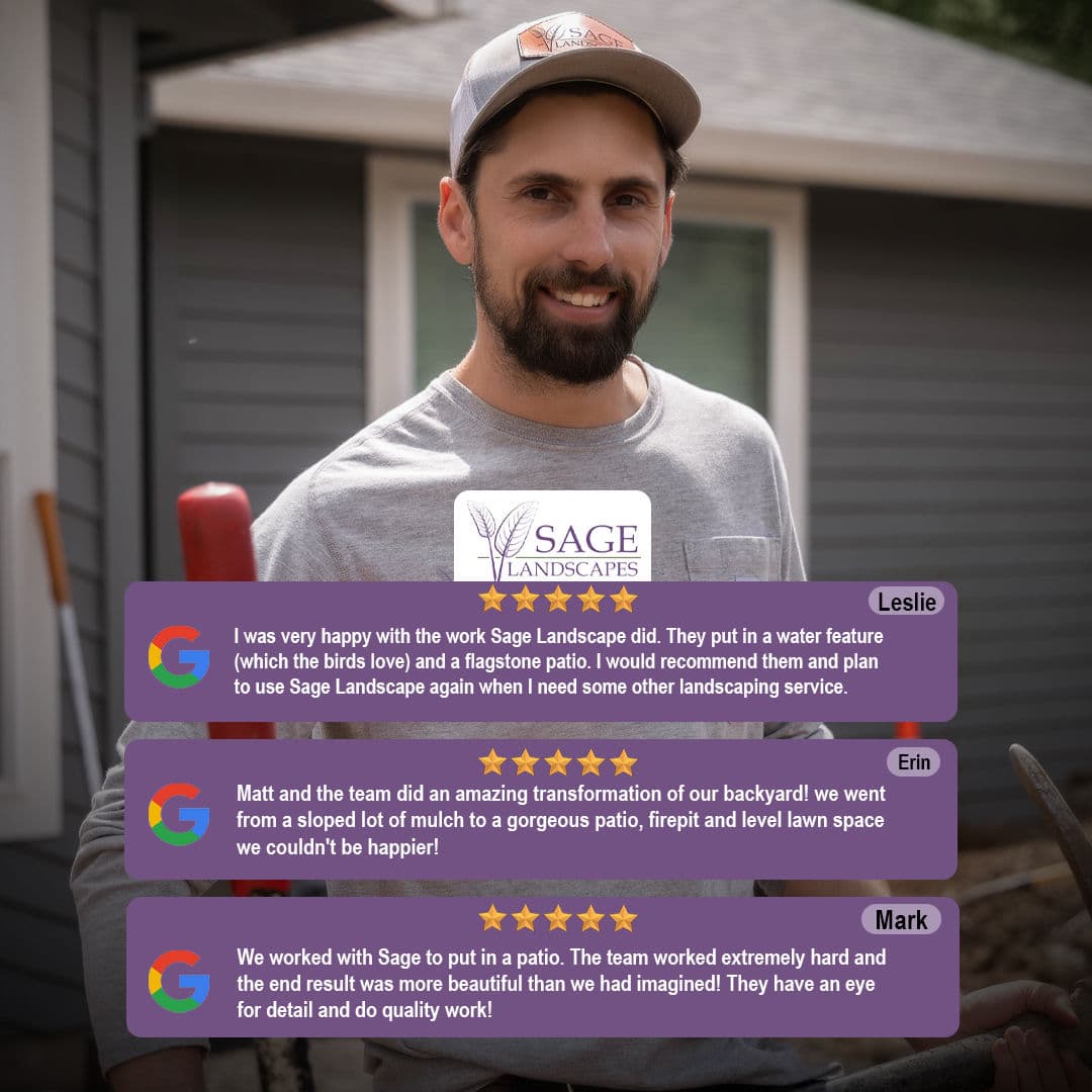 Man smiling next to newly installed patio from Sage Landscapes, featuring positive customer testimonials.