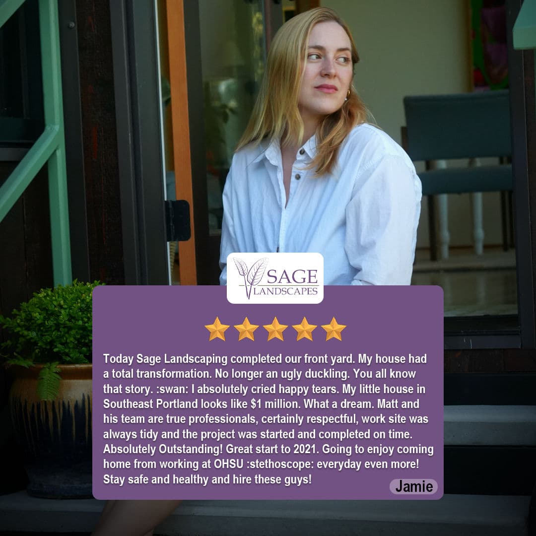 Sage Landscaping testimonial with photo of happy client Jamie in front of transformed yard.