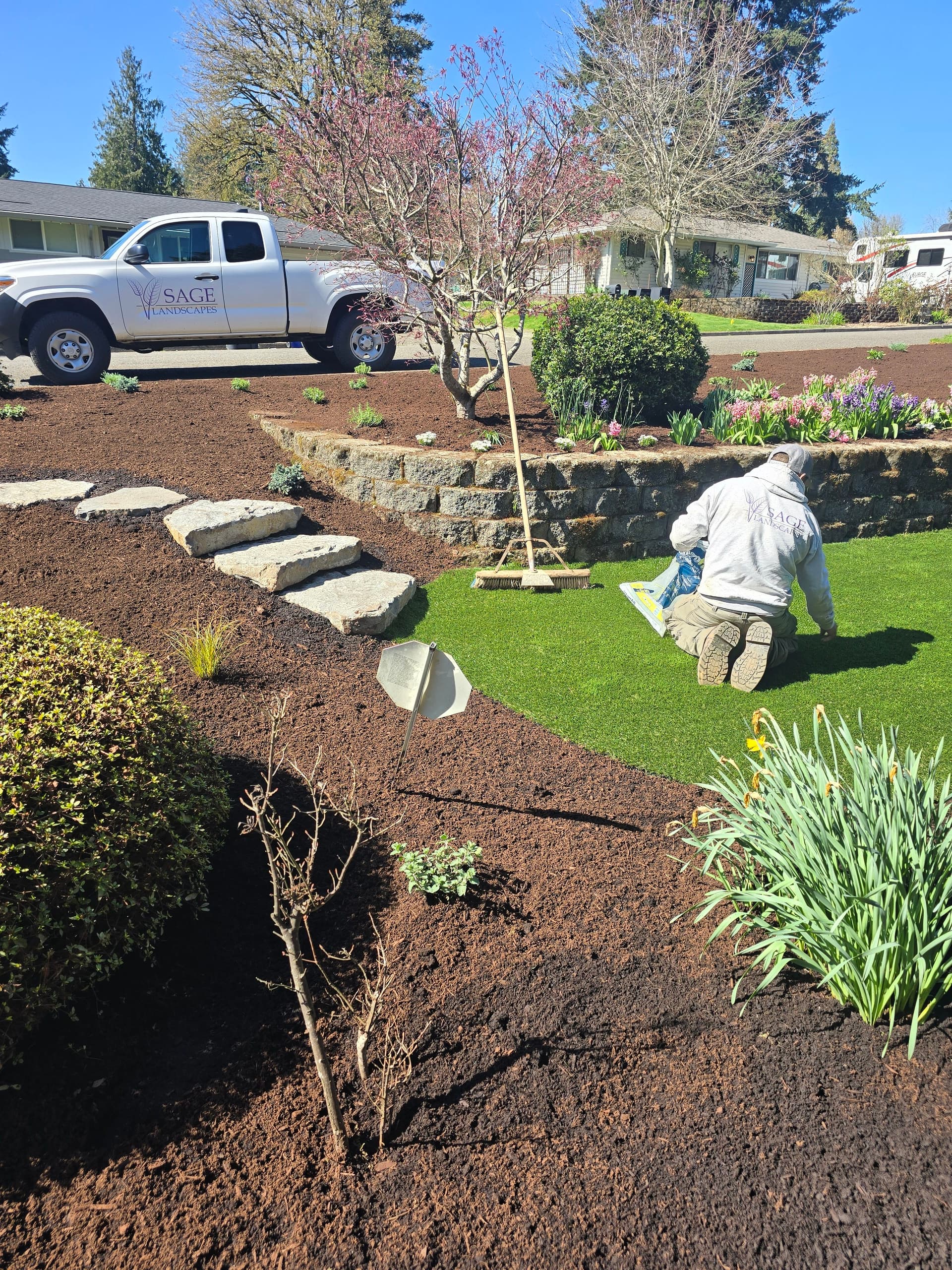 Front Yard Overhaul with Native Plants, Stone Steps and Artificial Turf image