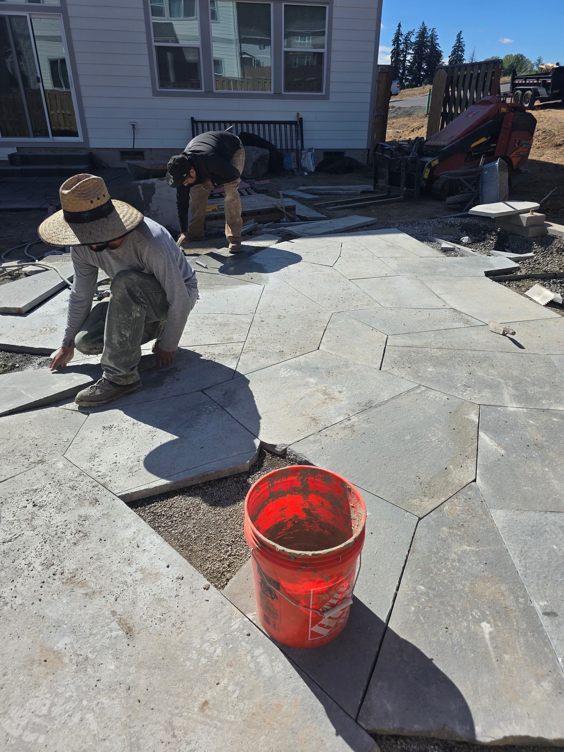 Flagstone Patio and Access Stairs in a Tight Backyard image