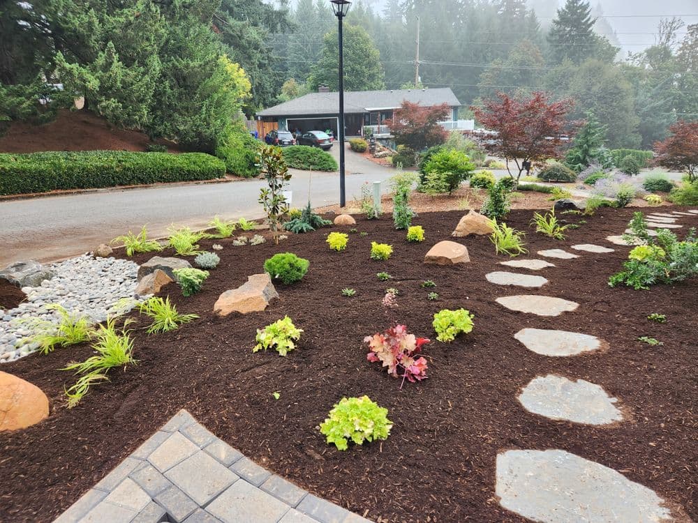 Lush garden landscape with rocks, plants, and pathways near a residential area.