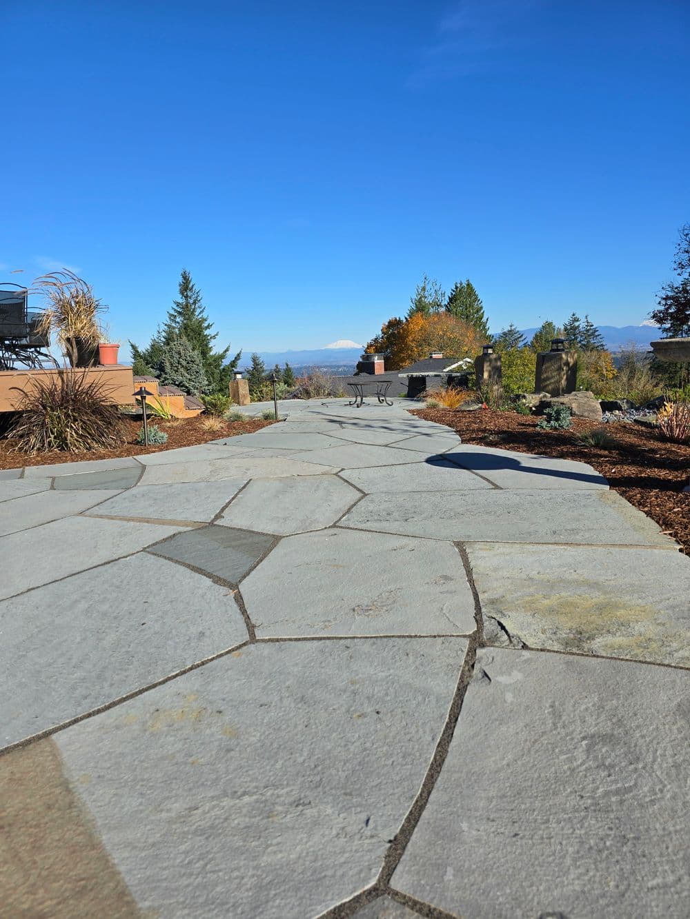Stone pathway leading to a scenic view with trees and mountains under a clear blue sky.