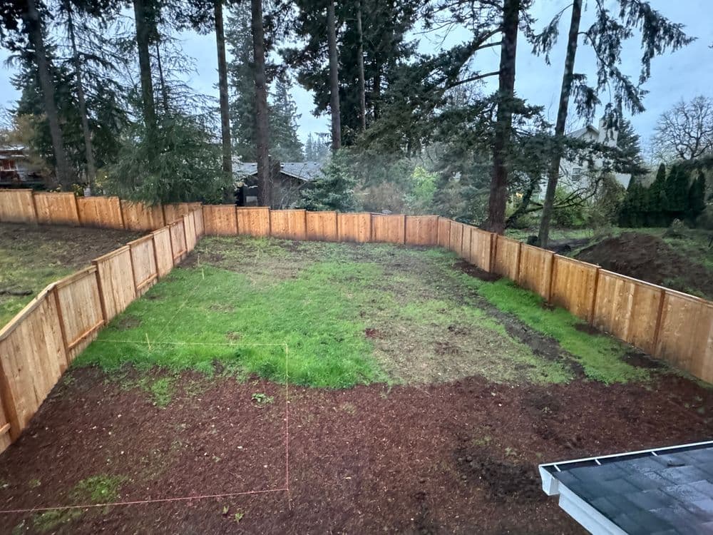 Empty backyard with wooden fence and grass areas, surrounded by tall trees.